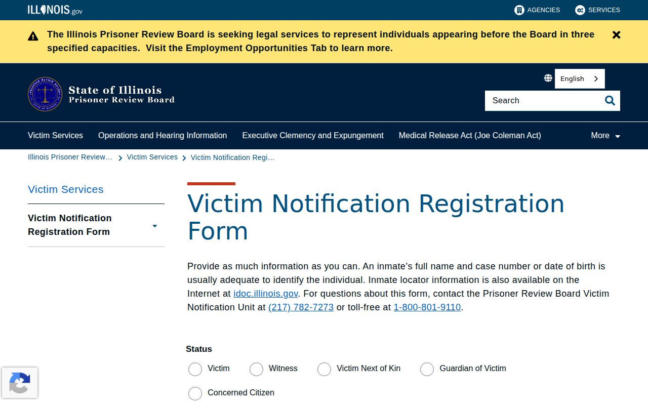 Illinois Prisoner Review Board victim notification registration form